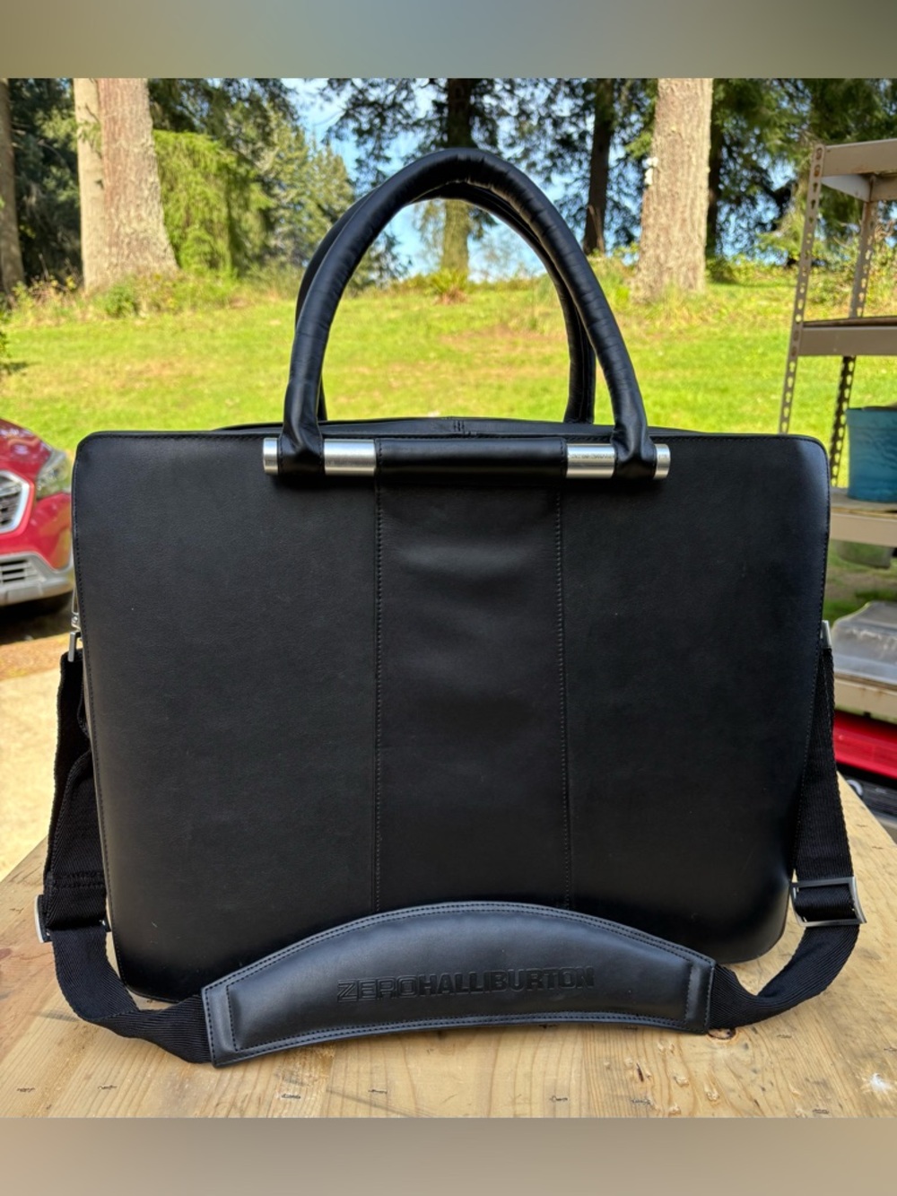 Zero Halliburton Black Leather 17” Expandable Briefcase Business Bag